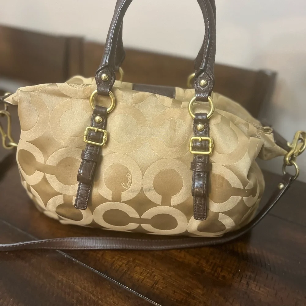 COACH Madison Audry Signature C Logo Khaki Sateen & Leather Shoulder Bag#21124